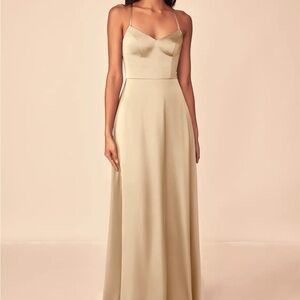 Asazzie Champagne A-Line V-Neck Stretch Satin Dress